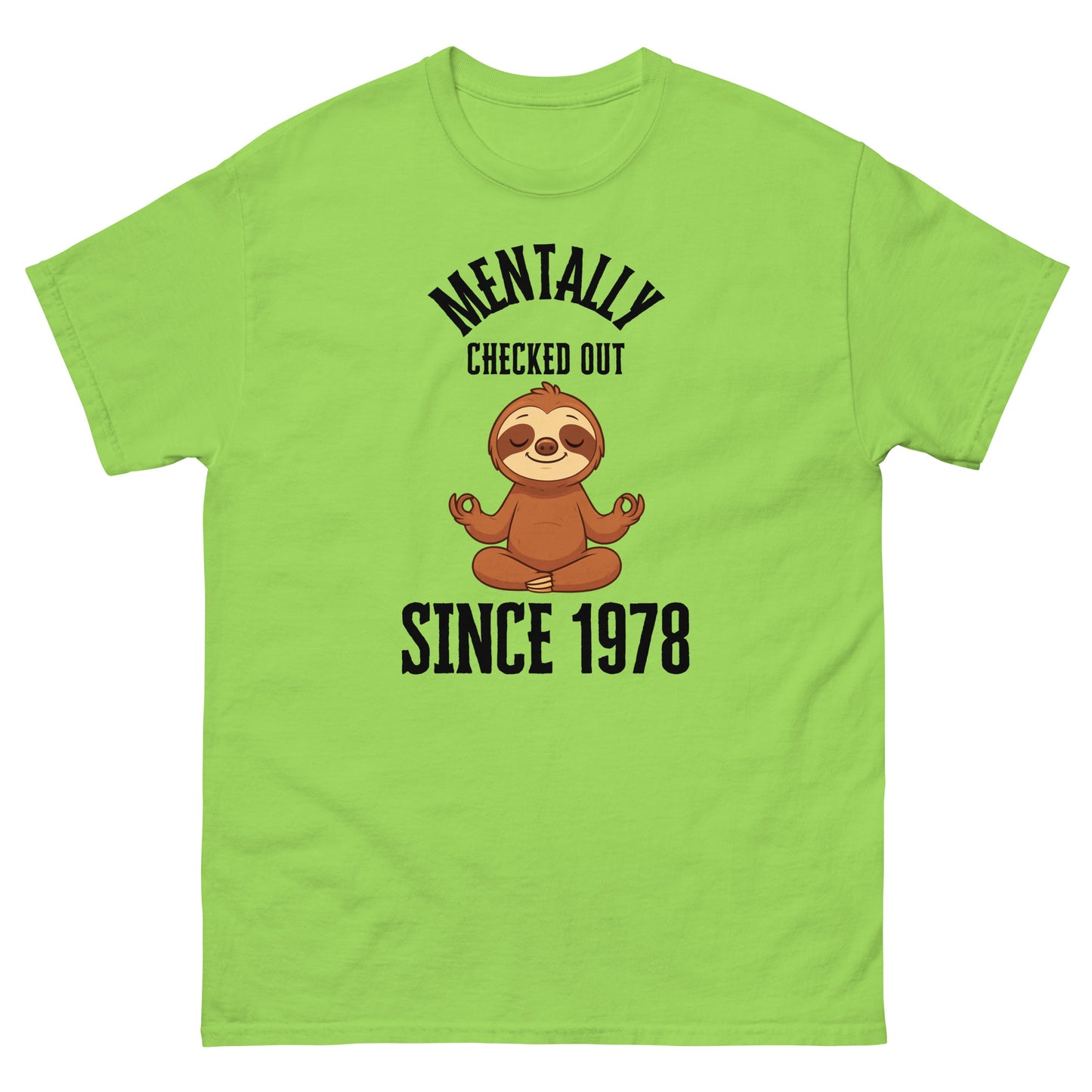Green t-shirt with a sloth graphic and text on a white background