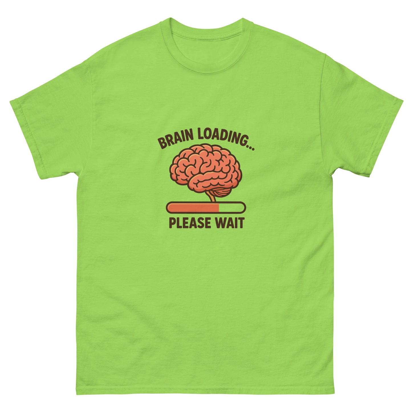 Green t-shirt with a brain graphic and text on a white background