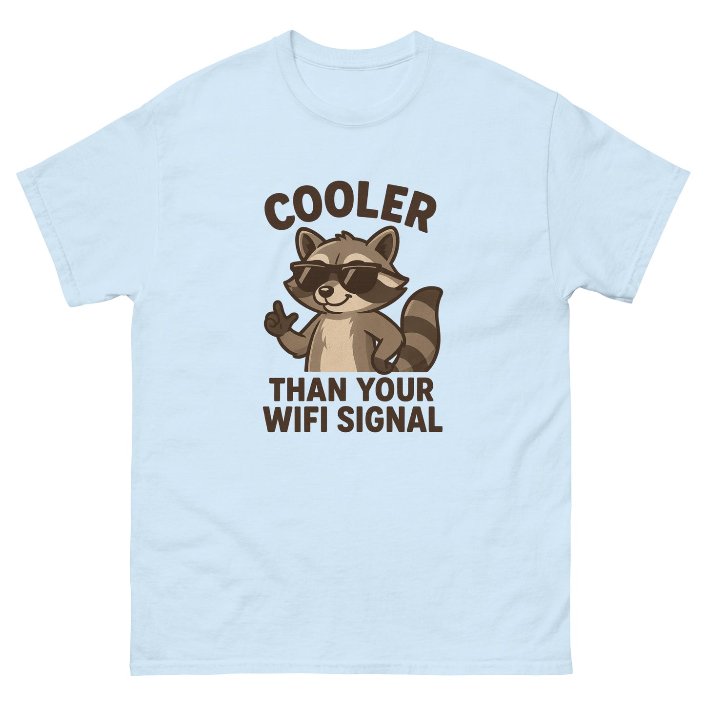 Light blue t-shirt with a raccoon graphic and text on a white background
