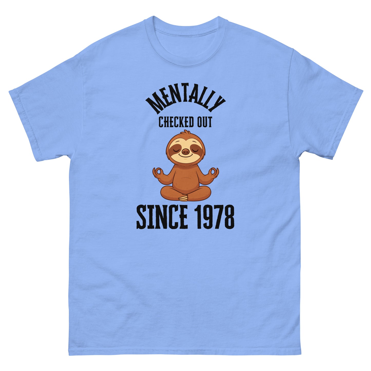 Light blue t-shirt with a cartoon sloth and text on a white background