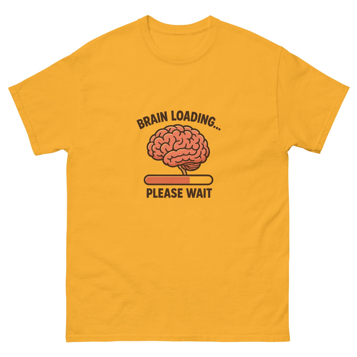 Yellow t-shirt with a brain graphic and text on a white background