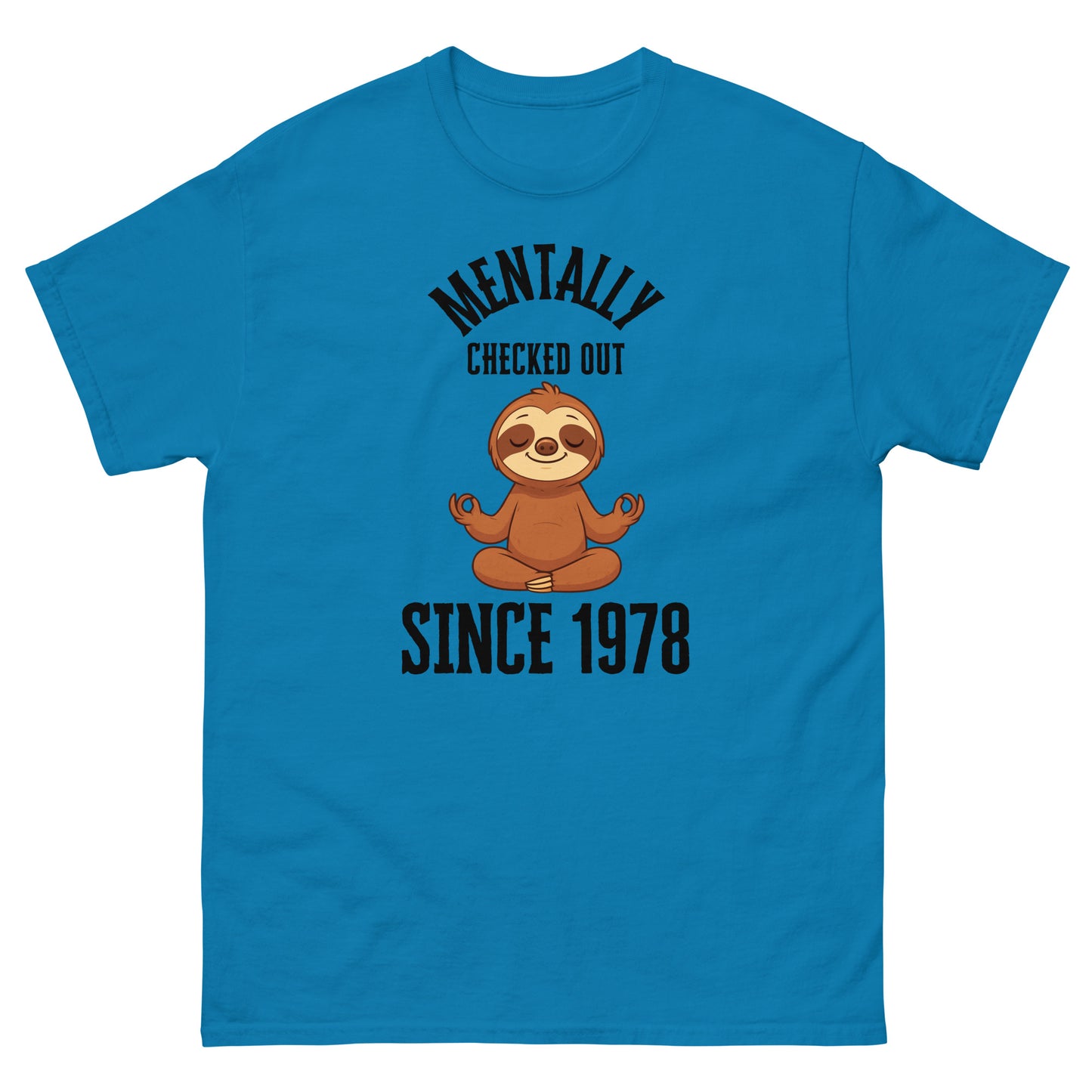 Blue t-shirt with a sloth graphic and text on a white background