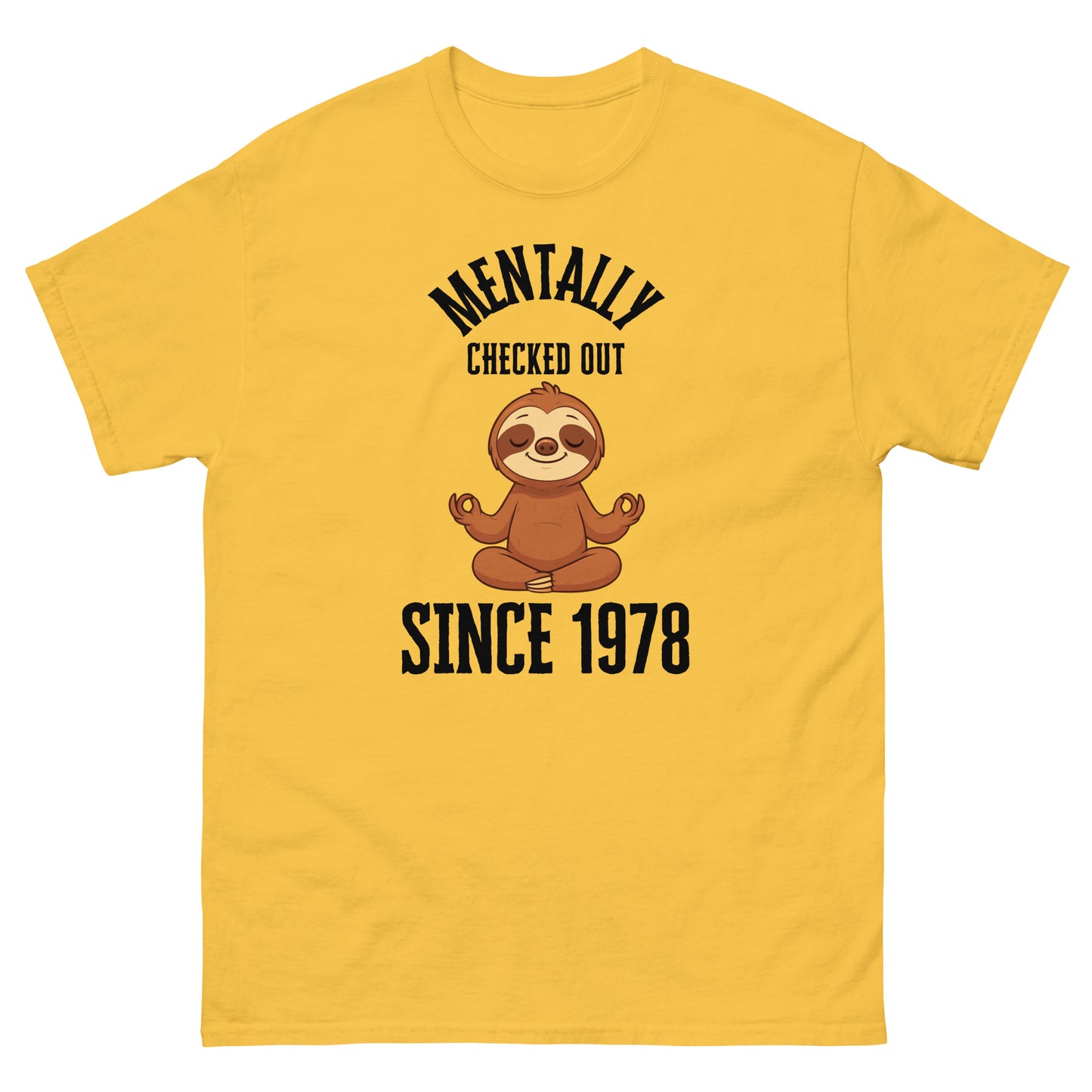 Yellow t-shirt with a sloth graphic and text on a white background