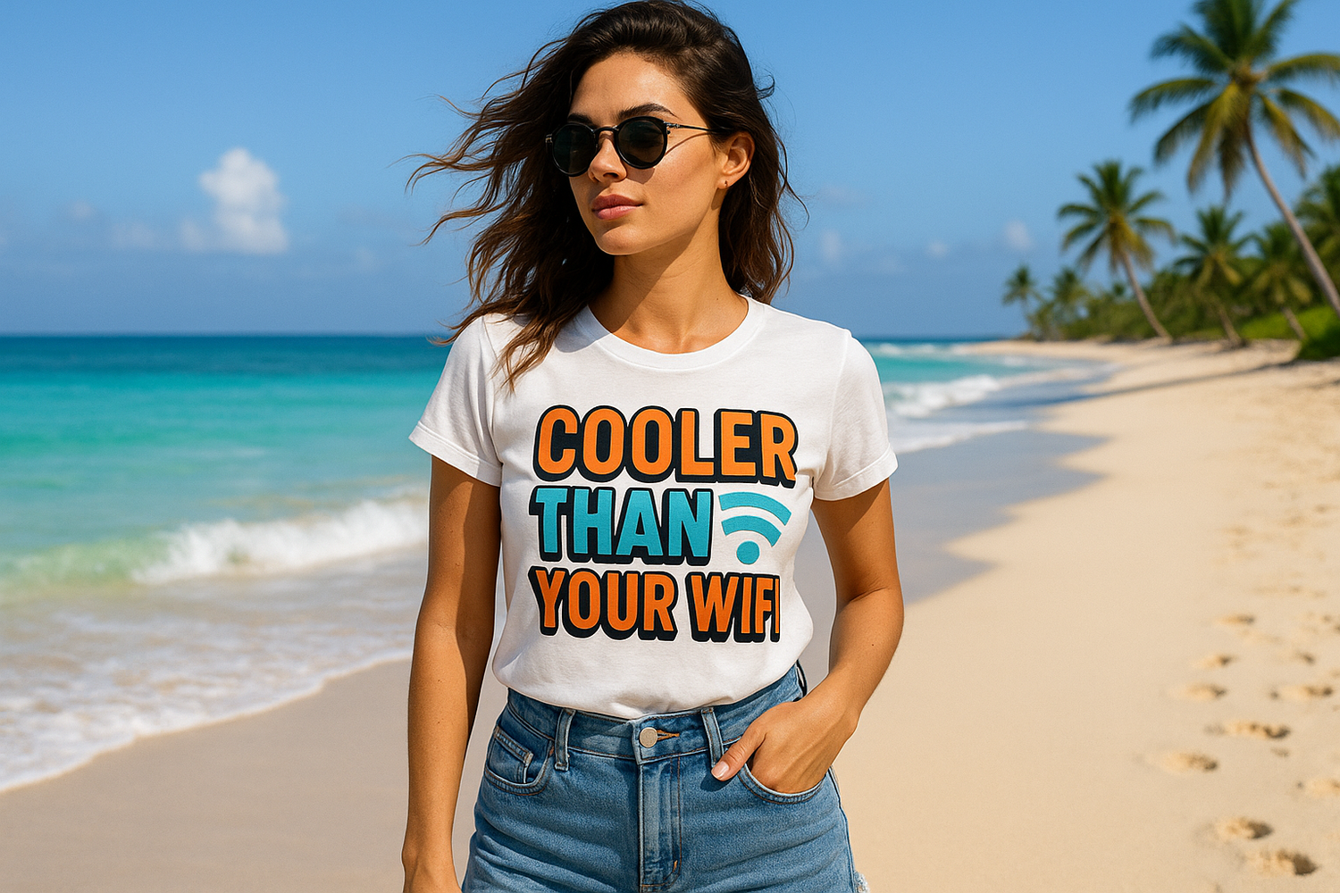 WOMAN ON THE BEACH WEARING T SHIRT DESIGN SAYING COOLER THAN YOUR WIFI