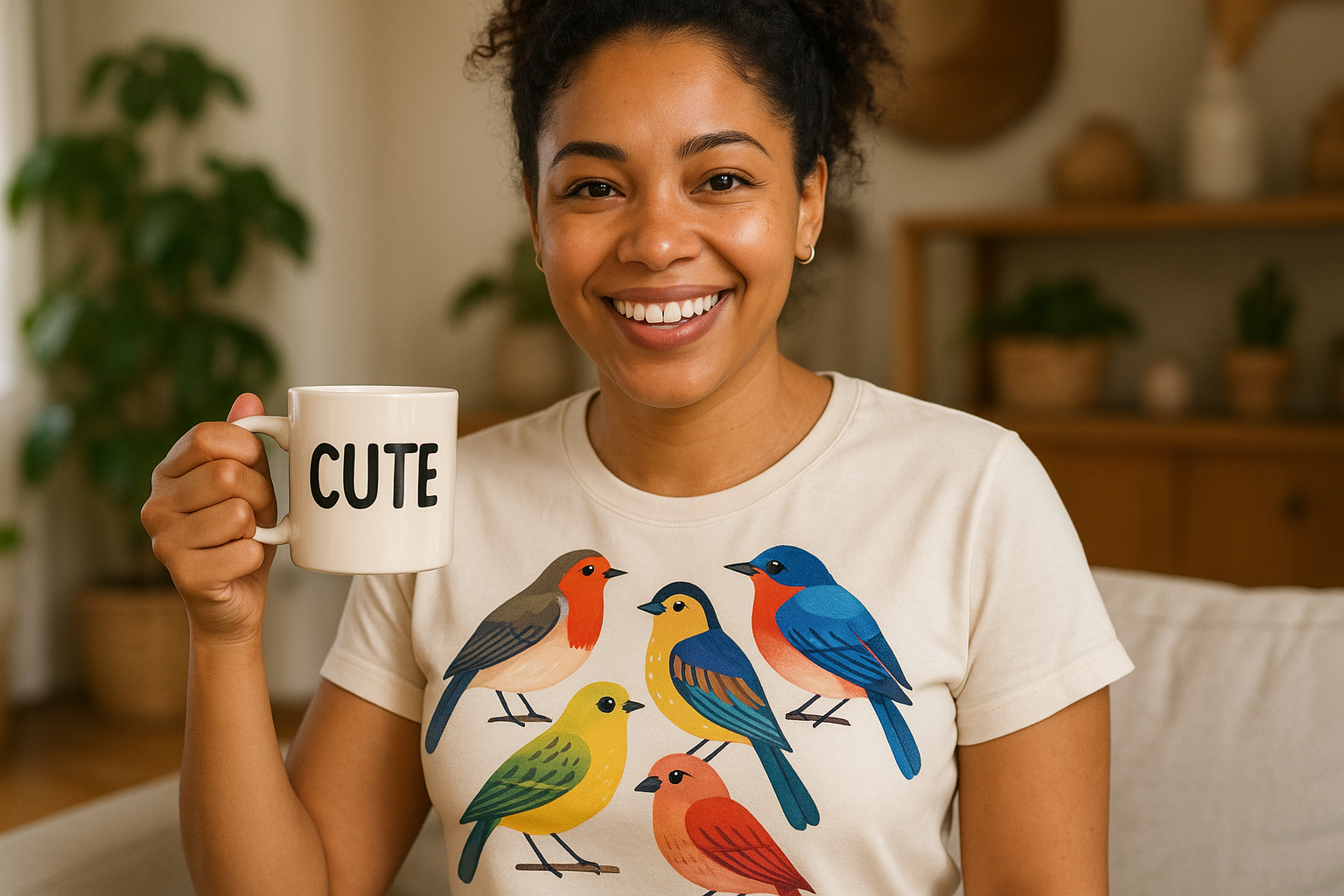WOMAN WEARING BIRD DESIGN SHIRT AND MUG DESIGN SAYING CUTE