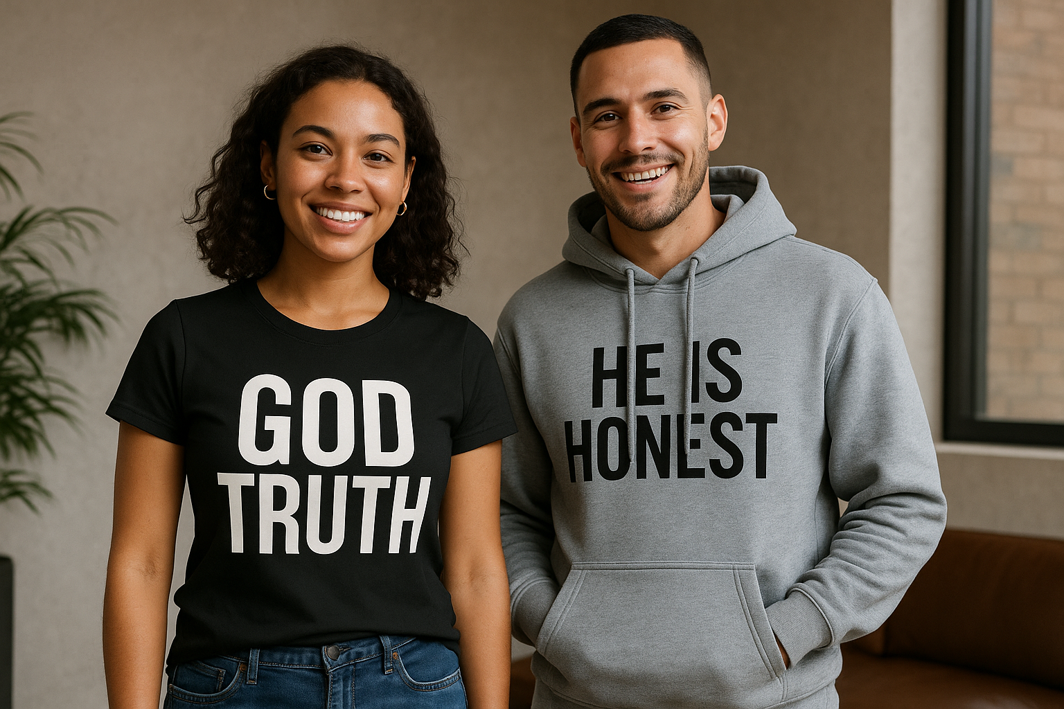WOMAN WEARING Y SHIRT DESIGN SAYING GOD TRUTH AND MAN WEARING HOODIE DESIGN SAYING HE IS HONEST
