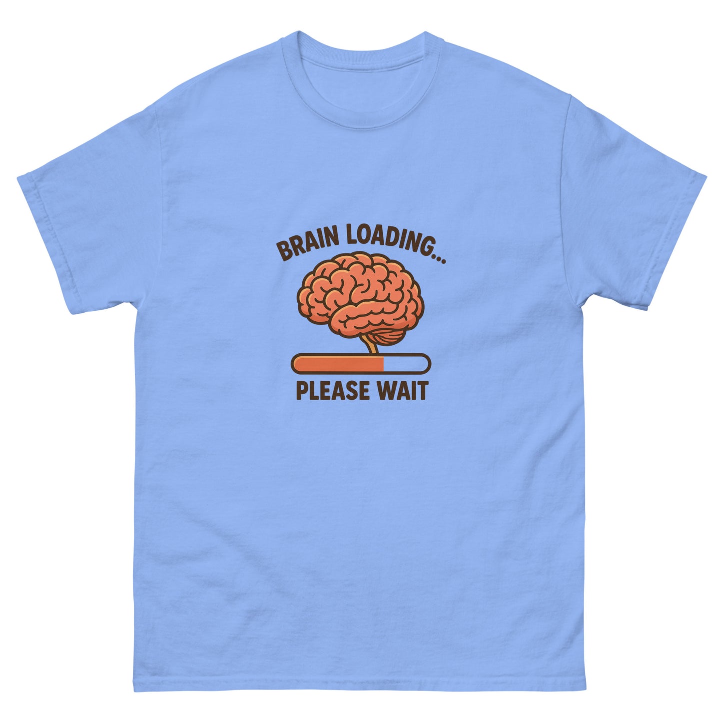 Light blue t-shirt with a brain graphic and text on a white background