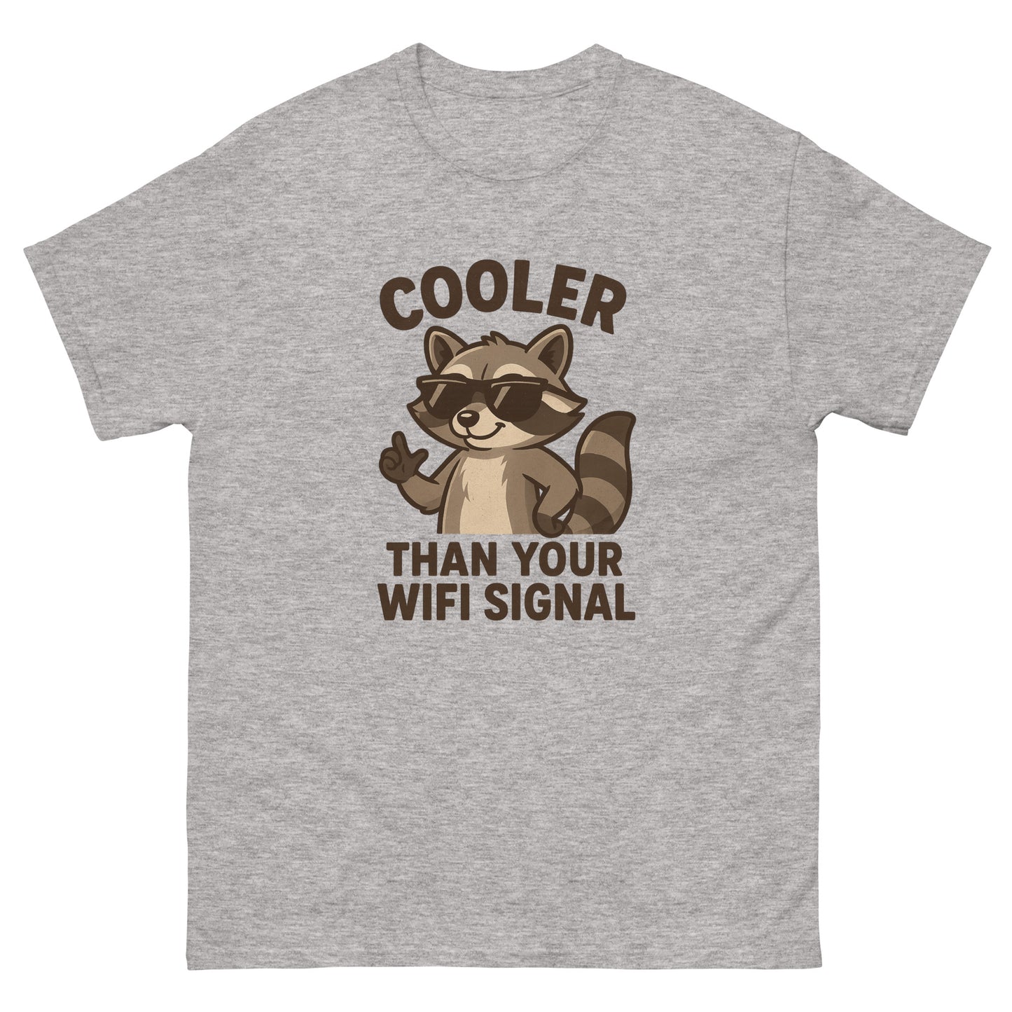 Gray t-shirt with a raccoon graphic and text 'Cooler than your WiFi signal' on a white background