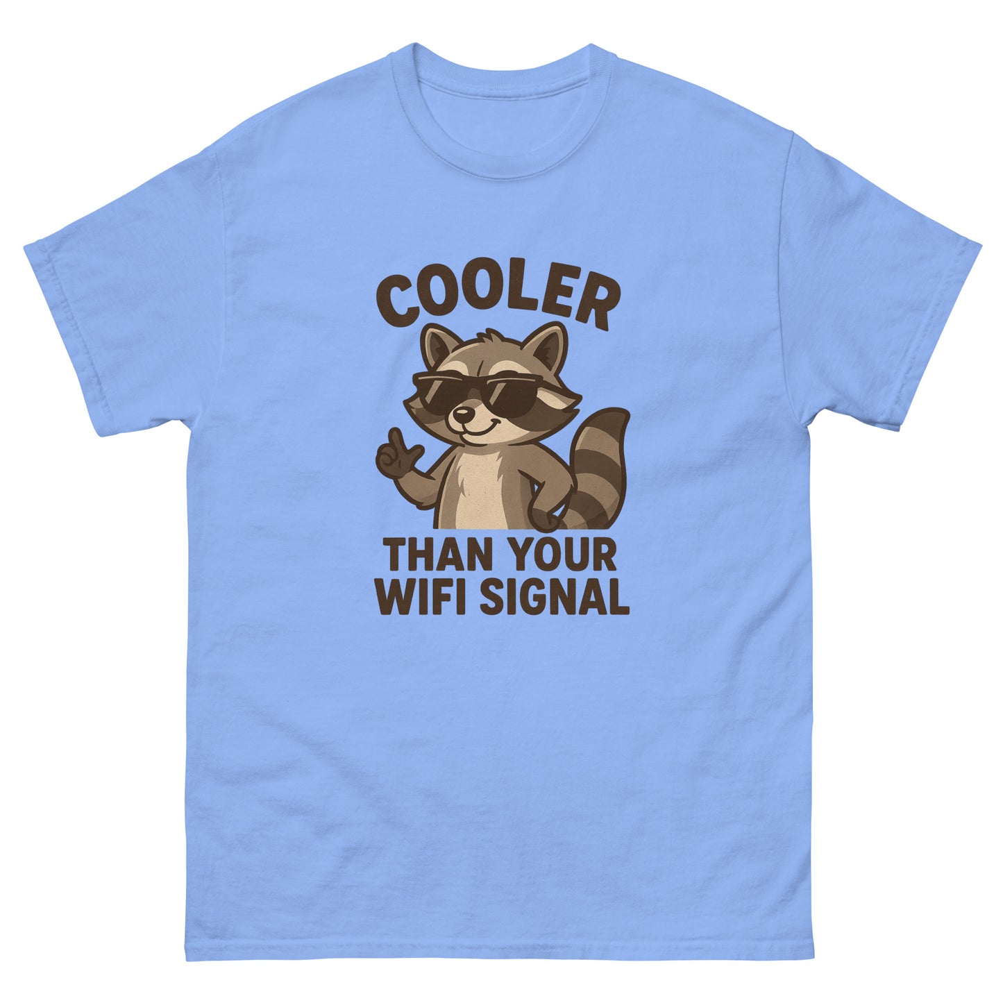 Light blue t-shirt with a raccoon graphic and text on a white background