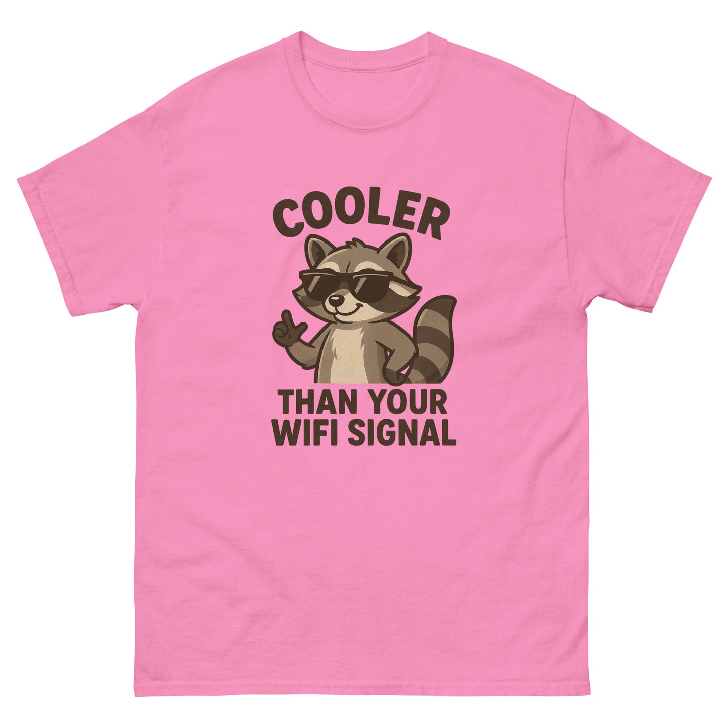 Pink t-shirt with a raccoon graphic and text on a white background