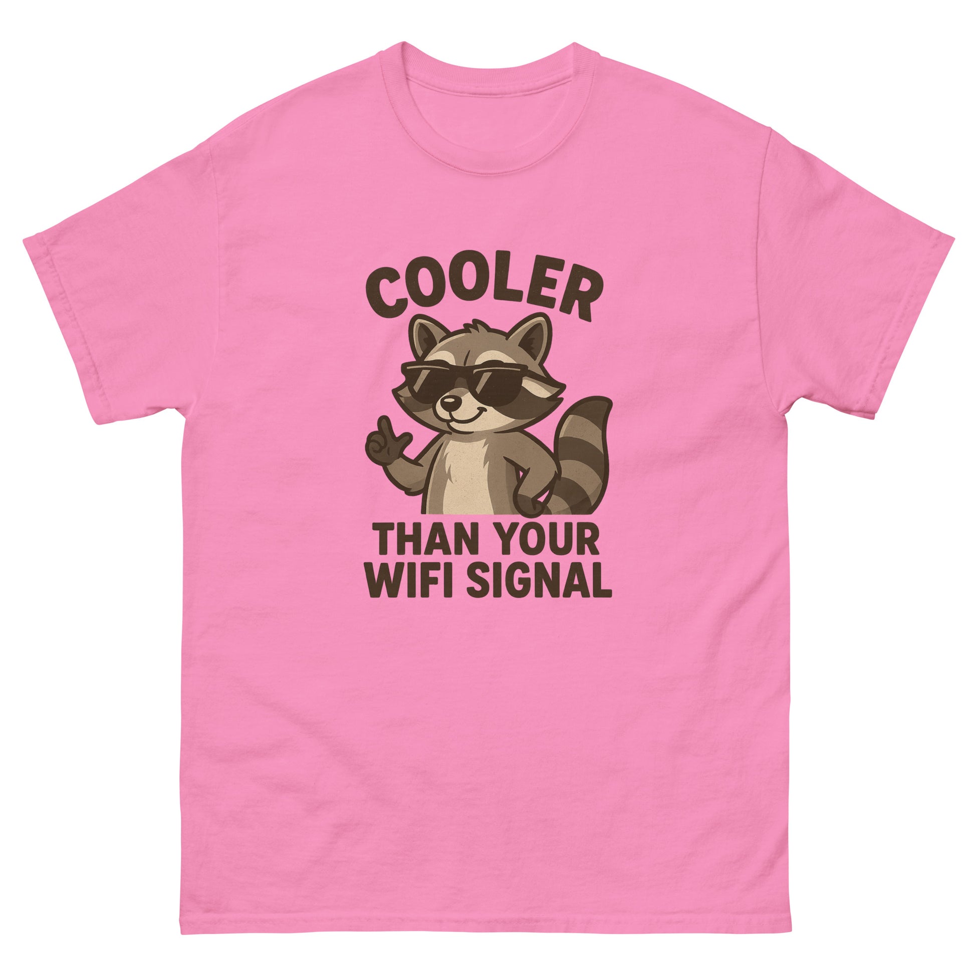 Pink t-shirt with a raccoon graphic and text on a white background