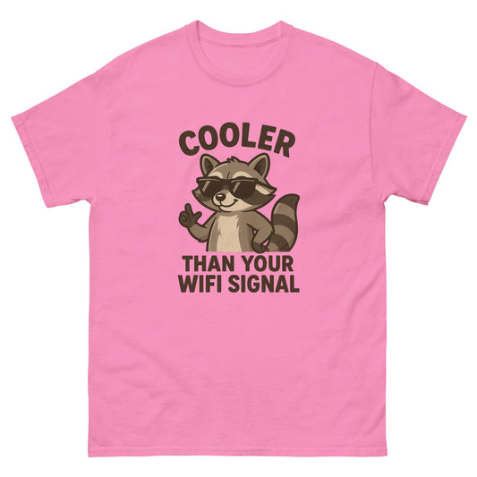 Pink t-shirt with a raccoon graphic and text on a white background