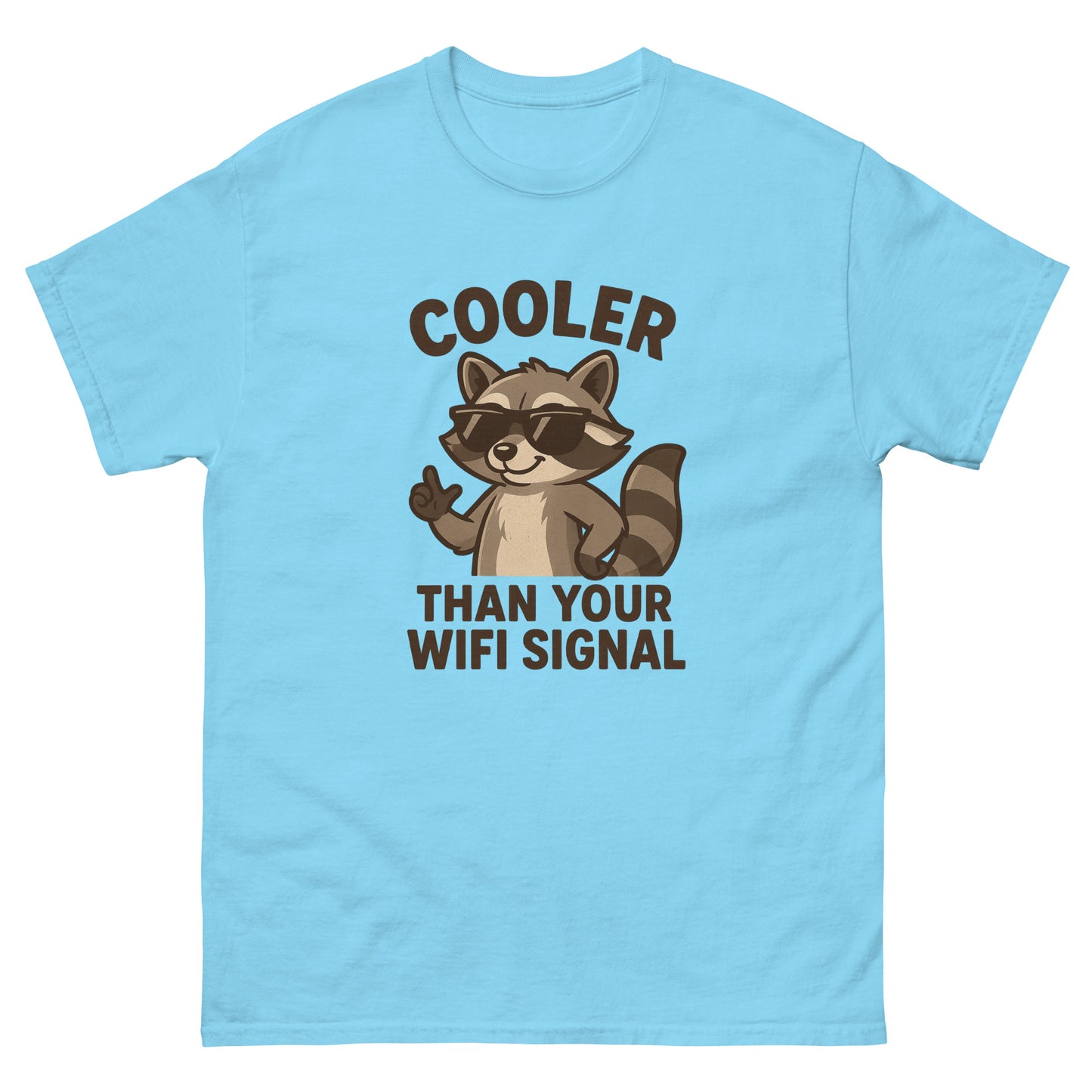 Light blue t-shirt with a raccoon graphic and text on a white background