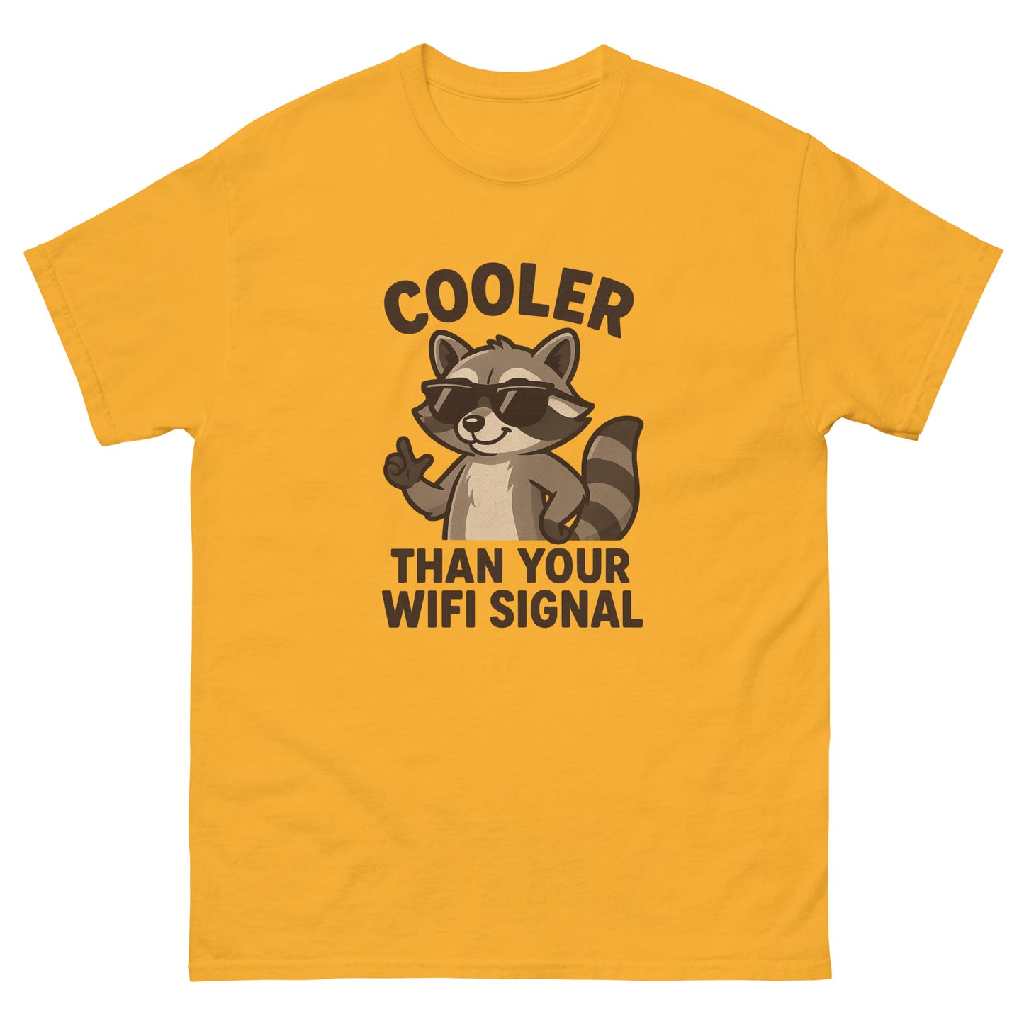 Yellow t-shirt with a raccoon graphic and text on a white background