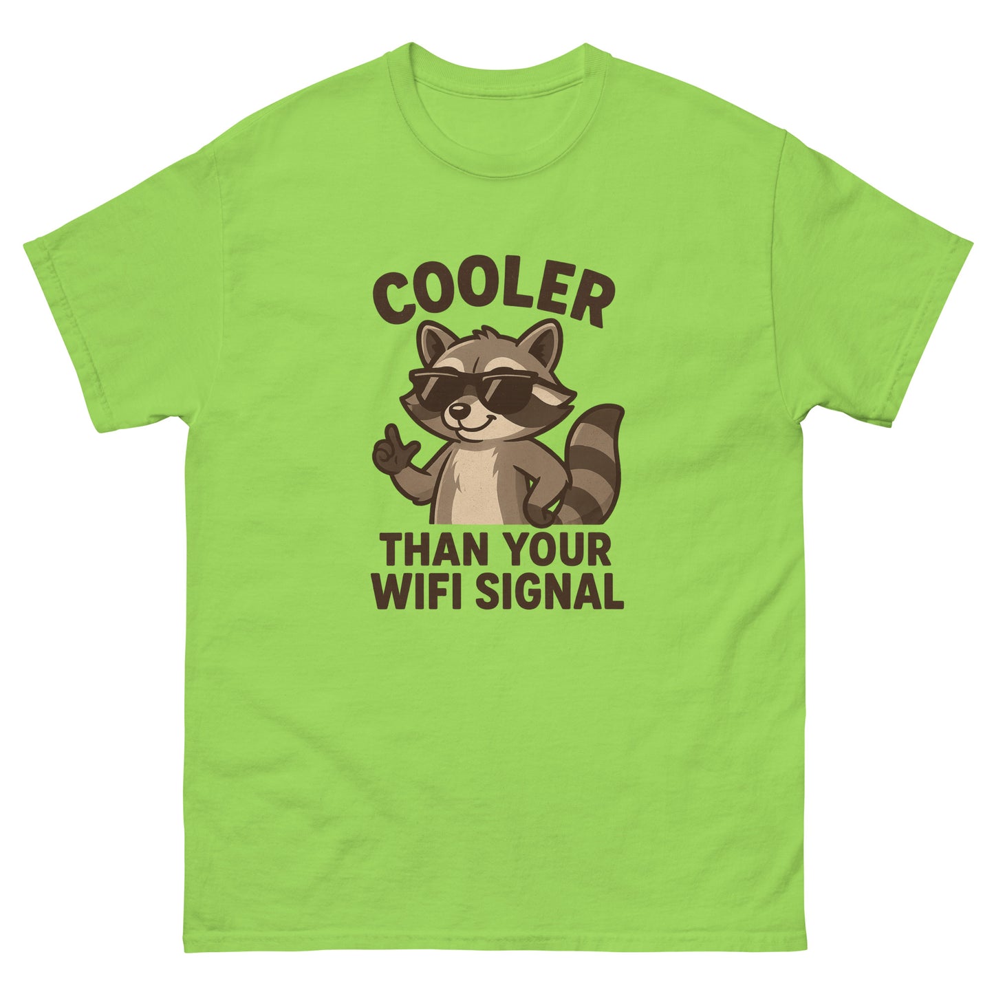 Green t-shirt with a raccoon graphic and text on a white background