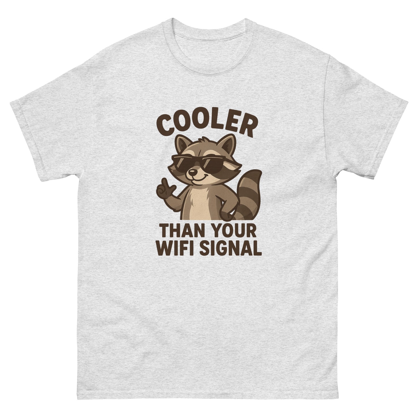 Gray t-shirt with a raccoon graphic and text on a white background