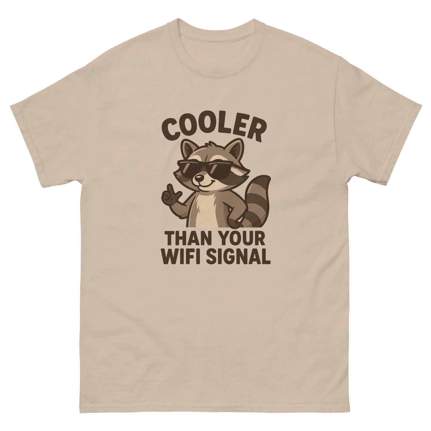Beige t-shirt with a raccoon graphic and text on a white background