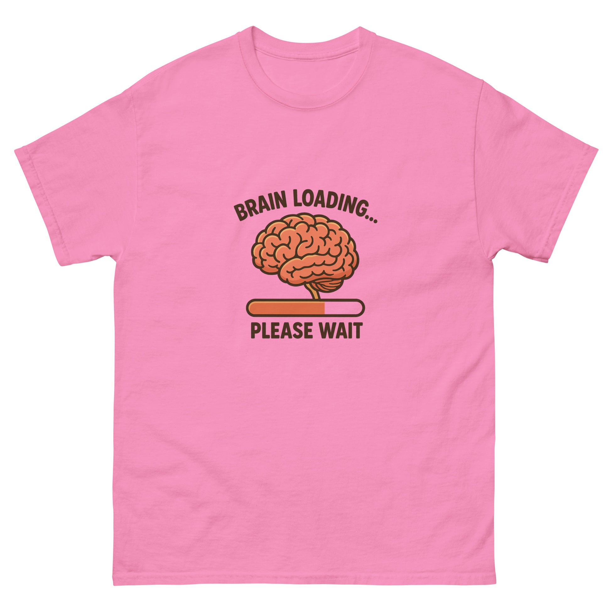 Pink t-shirt with a brain graphic and text on a white background