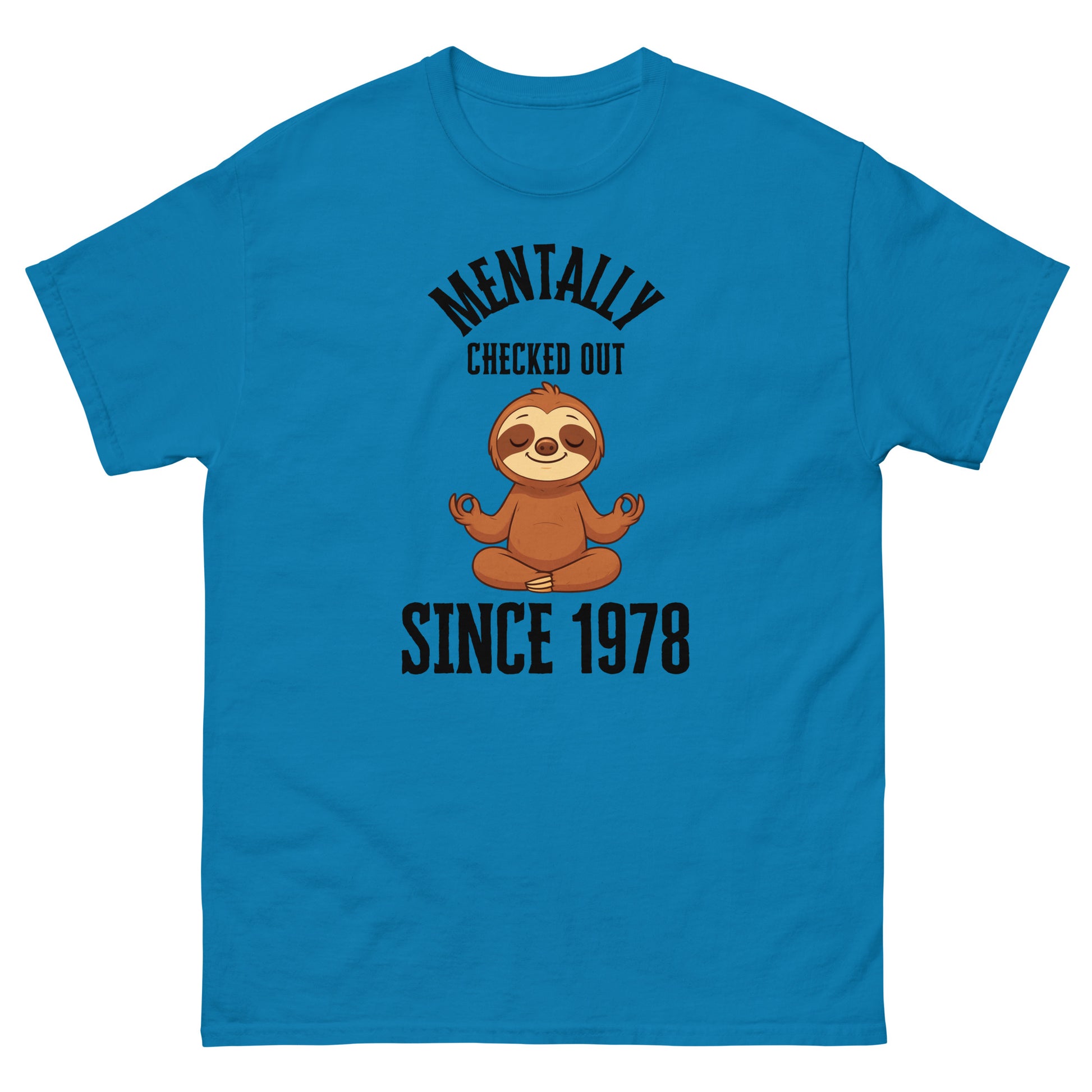 Blue t-shirt with a sloth graphic and text on a white background